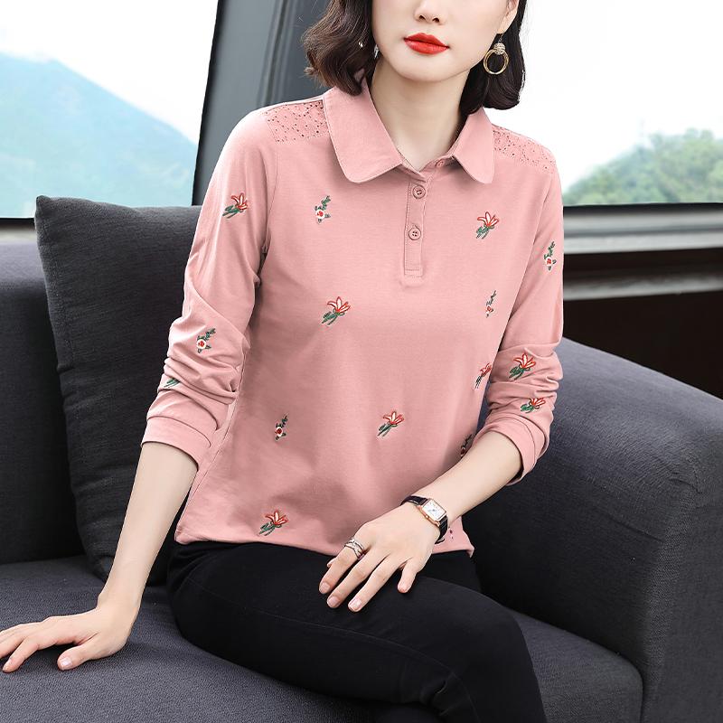 Damska koszulka 4XL na wiosnę i jesień Nowa koszula z długim rękawem w średnim wieku, modna, z długim rękawem, luźna góra