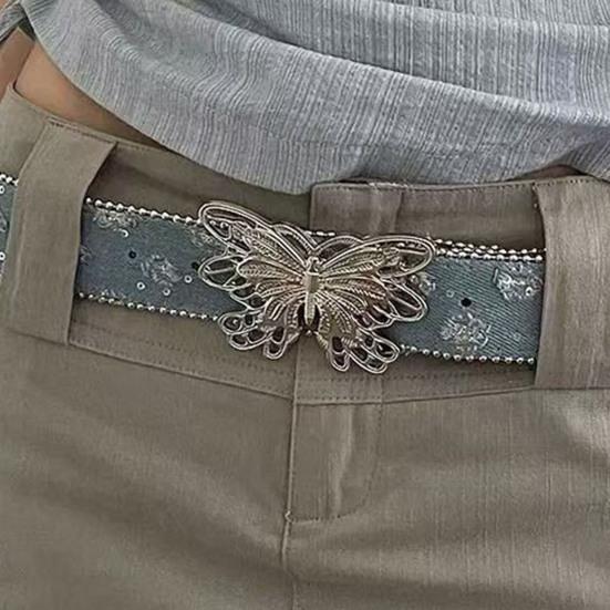 Women Wide Belt Solid Color Design Butterfly Buckle Versatile Belt