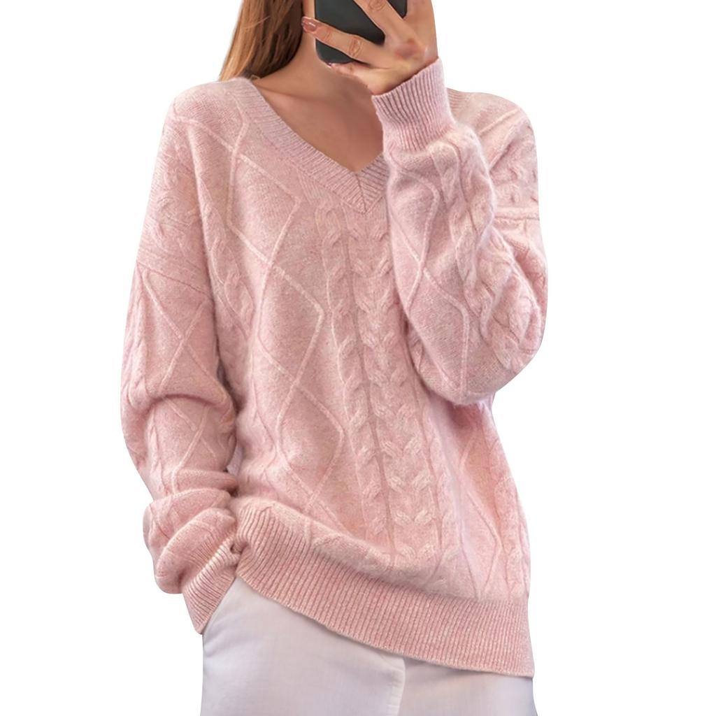 Women's Fashion V-Neck Solid Color Knit Sweater Top Pullover Casual Sweater