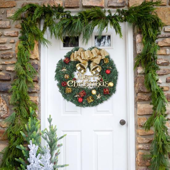 12 Inch Christmas Wreath Decoration for Front Door Artificial Wreath with Bells Balls Bows for Indoor Outdoor Holiday Decor