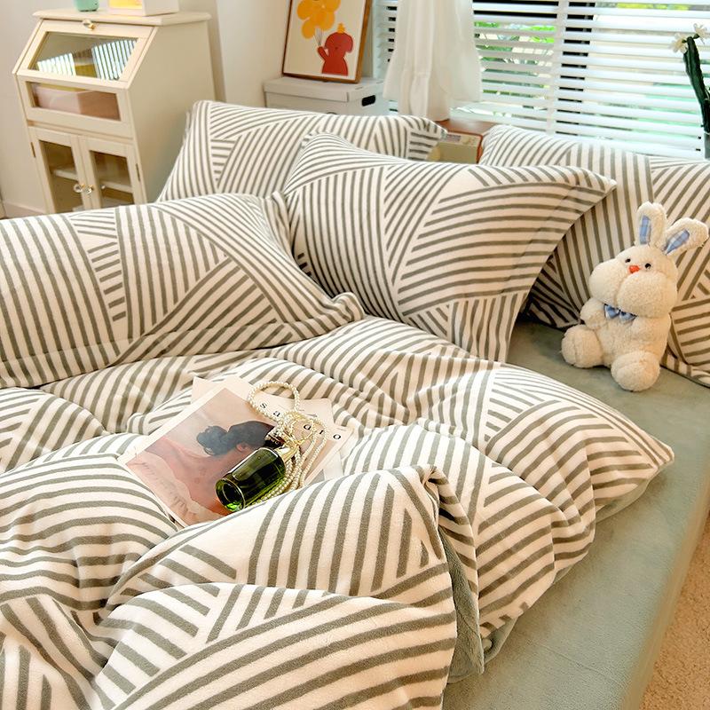 Winter Milk Velvet 4-Piece Nordic Striped Coral Velvet Quilt Cover Flannel Bed Sheet Quilt Cover
