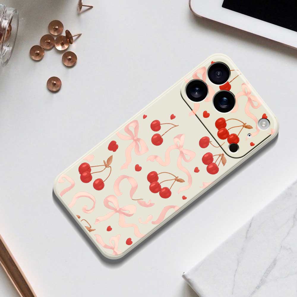 For iPhone 17 Pro Max Case Big Bow Cherry Pattern Printing Straight Edge TPU Phone Back Cover
