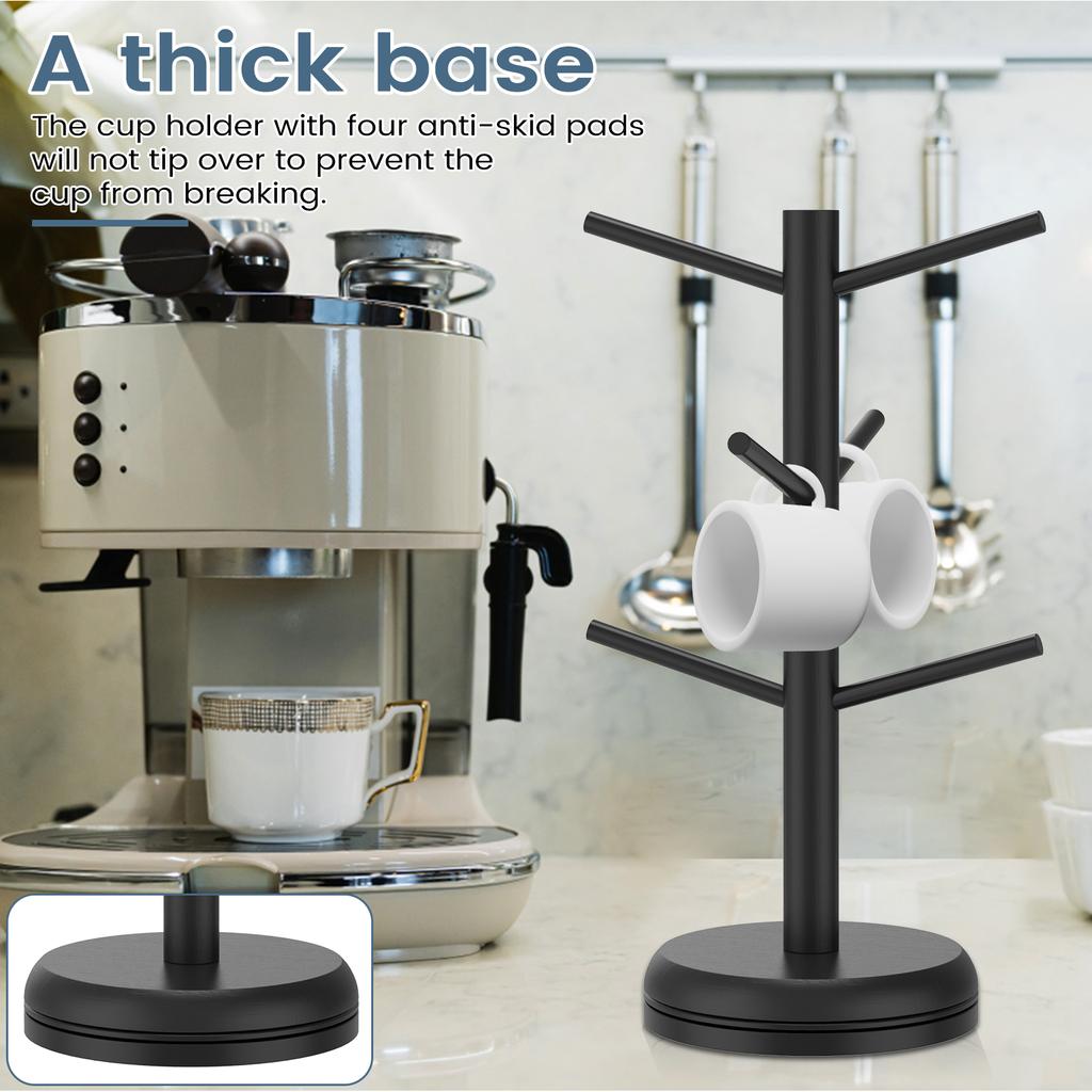 360° Rotated Wood Mug Holder Coffee Cup Tea Cup Organizer Stand 6-Hook Kitchen Countertop Coffee Bar Accessory