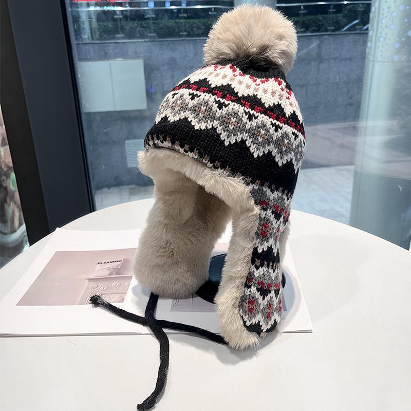 Northeast Cycling Ear Protection Wool Hat Women's Winter Plush Jacquard Knitted Lei Feng Hat Thickened Warm Bag Head Hat