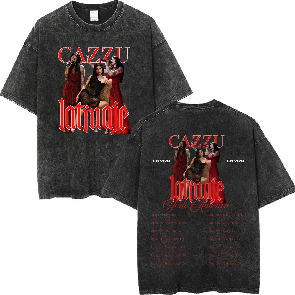 Vintage Washed Cazzu Latinaje Tour  Merch Tshirts Men Women Fashion Aesthetic Tshirt Summer Casual Loose Cotton T Shirts