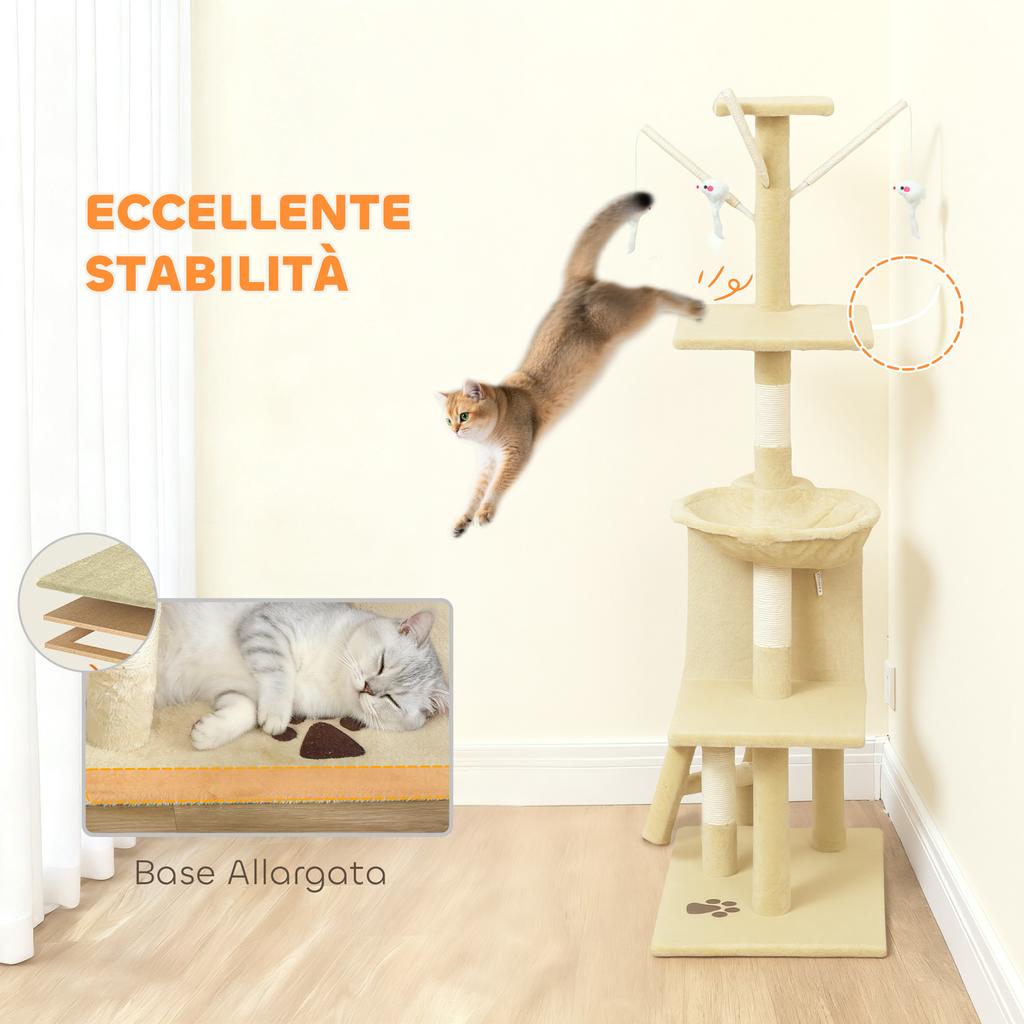 Cat Tower with House, Perch, Platforms and 4 Hanging Mice, 60x35x134 cm, Beige