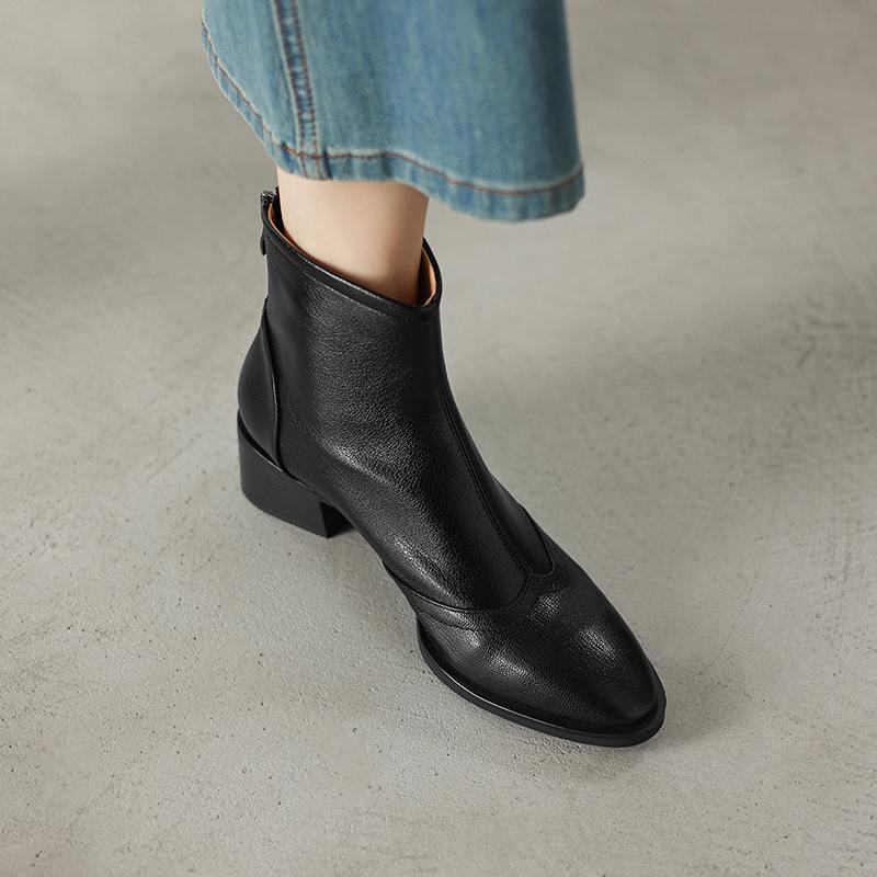 Krazing Pot Sheepskin Winter Round Toe Chelsea Boots Med Heels Zipper Carving Decoration Women Ankle Boots