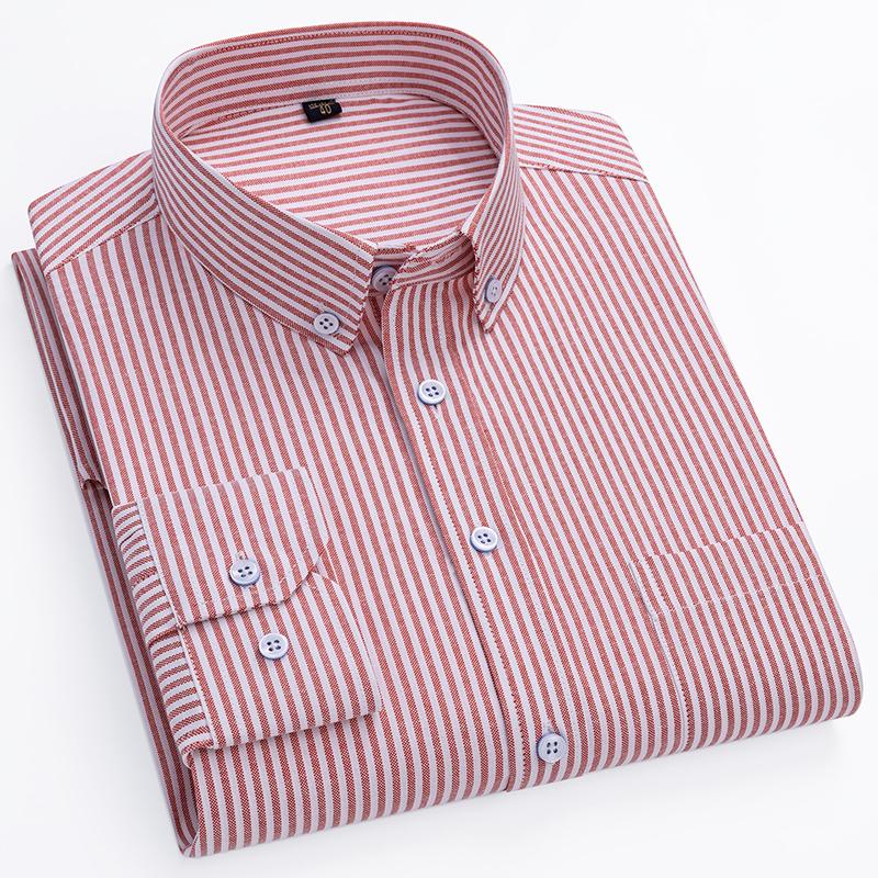 New Cotton Oxford Shirts Men's Long Sleeves Stripe Thin Soft Regular Fit Formal Dress Shirt Pocket Social Blouse Male Clothing