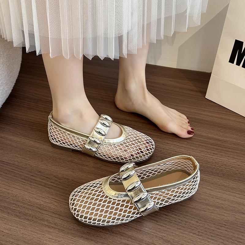 Fashion Hollow Fishnet Ballet Shoes Women's New Summer Flat Slip-on Metal Buckle One Strap Soft Sole Single Mesh Shoes