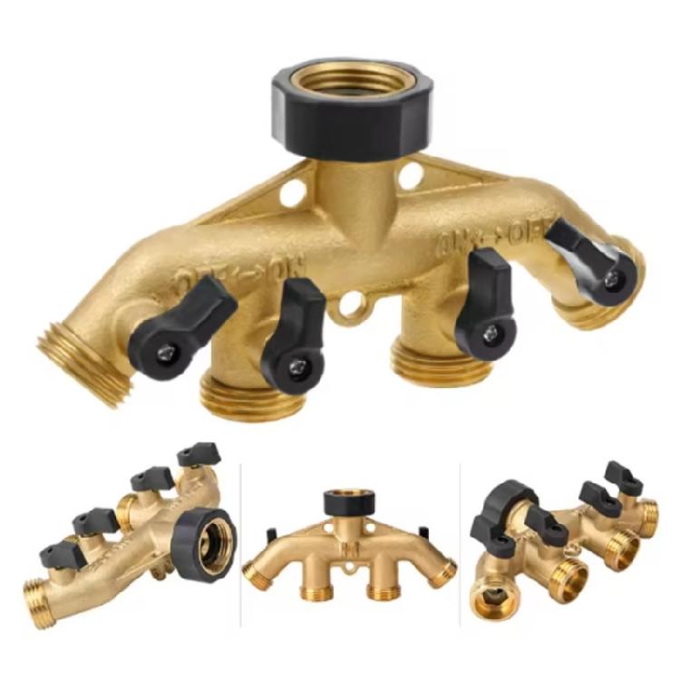 Brass 4 Way Hose Splitter for Outdoor Watering High Flowing Support Multiple Hose Connection Simultaneously Supplies