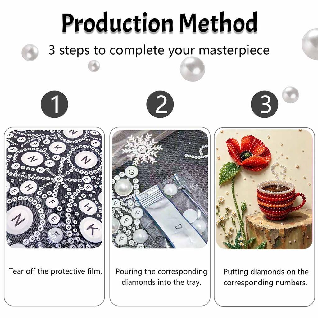 Elegant Framed Pearl Art DIY Set with Poppy Coffee Cup 5D Sparkling Bead Canvas Painting Ready to Display Romantic Home Decor Art Gift