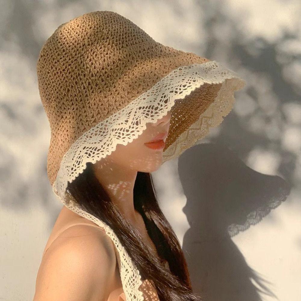 Foldable Lace Trim Hats Sun Protection Straw Sun Visors High Quality Straw Hat  Women Girls