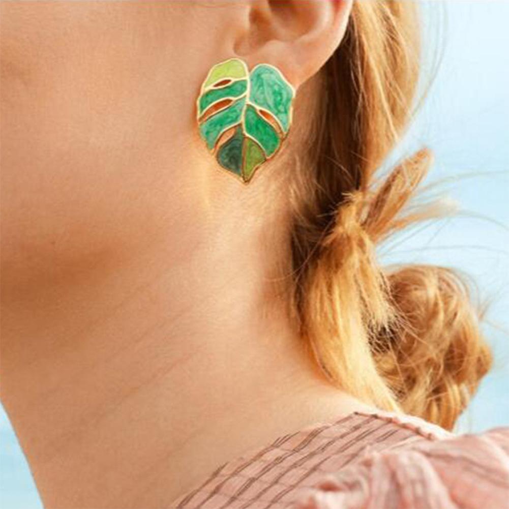 1 Pair Of Women Earrings Alloy Bohemian Style Drop Oil Green Leaf Earrings