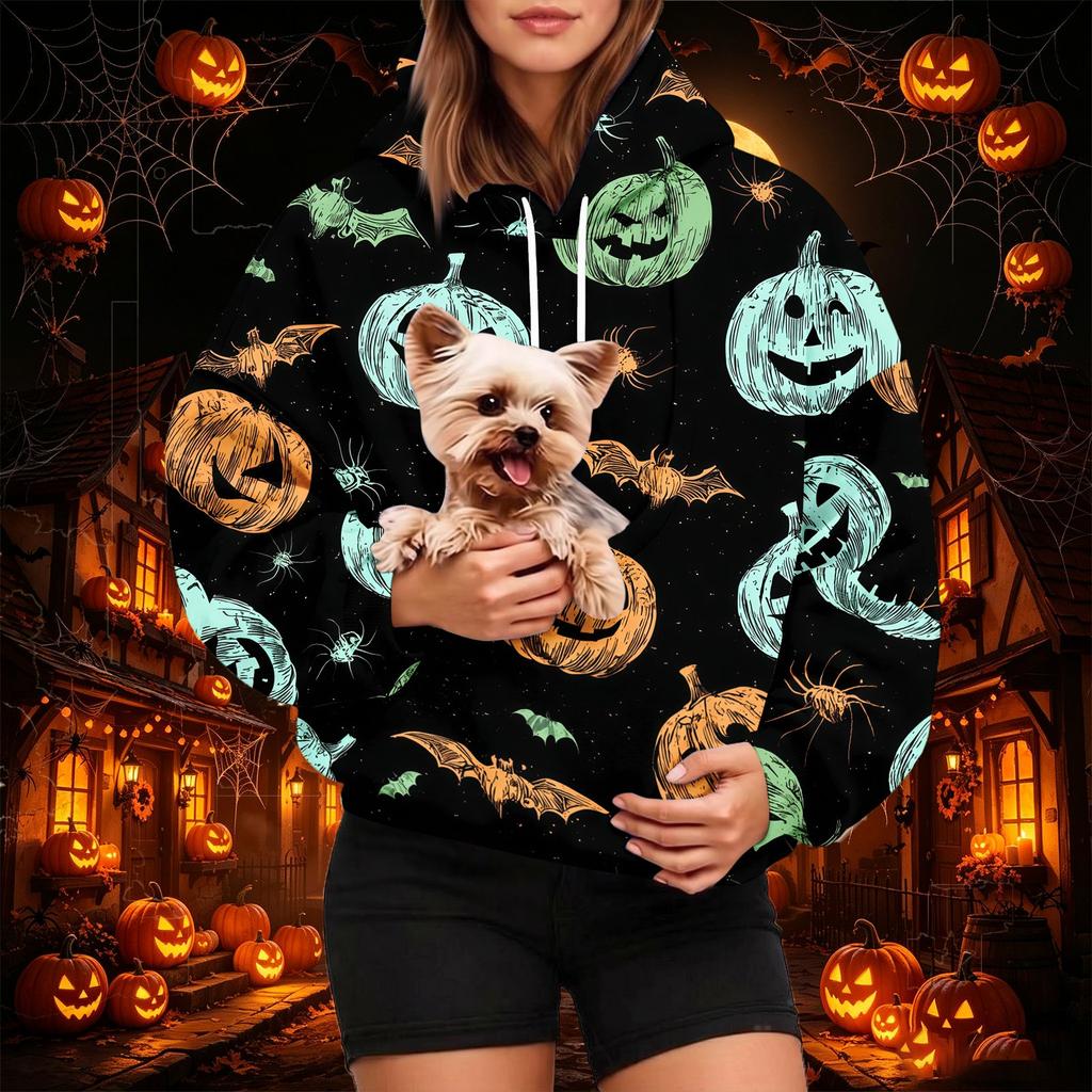 Dámská módní mikina s kapucí a potiskem na Halloween s kapsou na mazlíčka, ležérní mikina