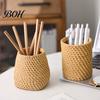 Pen Storage Container Faux Rattan Holder, Woven Style Makeup Brush Boho Office Desk Organizer Desktop Organizer, Multi-functional Resin Pencil Cup for