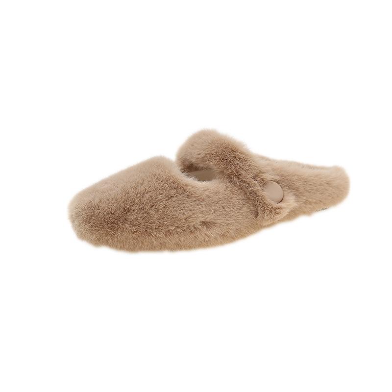 French Flat-bottomed Bag Head Fluffy Slippers Women's Outer Wear 2025 New Autumn One-pedal Plush and Fleece Cotton Mop Cotton Shoes