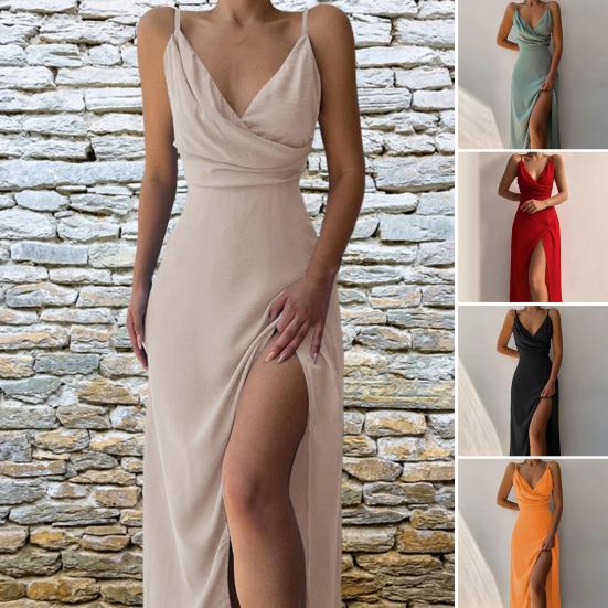 Womens Sleeveless V Neck Bodycon Dress Sexy Spaghetti Strap High Slit Ruched Midi Dress Cocktail Party Wedding Guest Dress