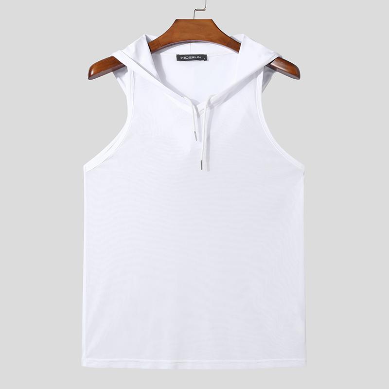 INCERUN Summer Men Drawstring Sleeveless Mesh Hooded Tank Tops