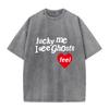 Lucky Me I See Ghosts Heart Feel Print Washed TShirt Oversized Vintage Streetwear Short Sleeve Tee for Men Women