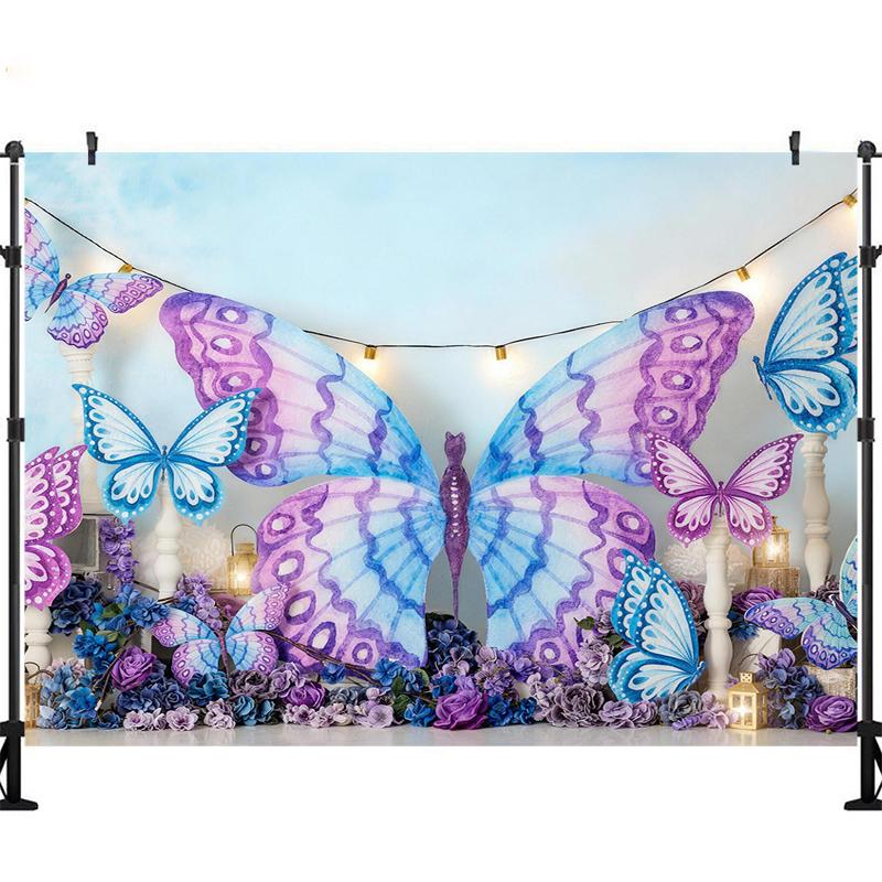 LS Colorful Purple Butterflies Garden Backdrop Kids Baby 1st Birthday Cake Smash Photocall Floral Spring Photo Props Background