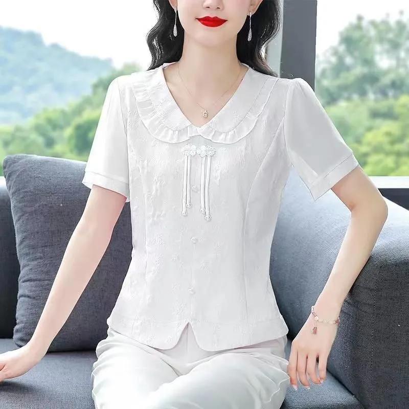 Women Pink Ruffle Collar Short Sleeve Blouse With Traditional Knot Buttons