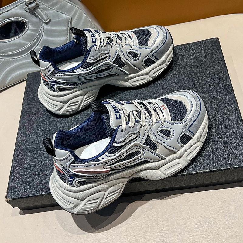 Net Shoes Are Light and Heightened Casual Sports Shoes for Women's New Spring and Autumn Silver Platform Dad Shoes for Women