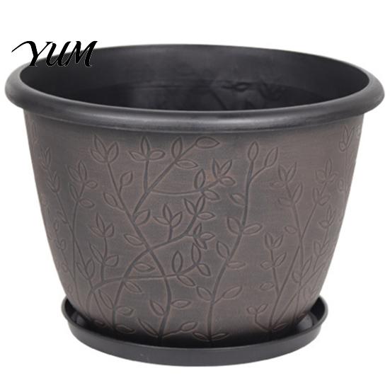 Indoor Decorative Plant Containers 12 Inch Thickened Flower Pots for Outdoor Indoor, Plastic Leaf-Pattern Texture Large Basin with Saucer Planter