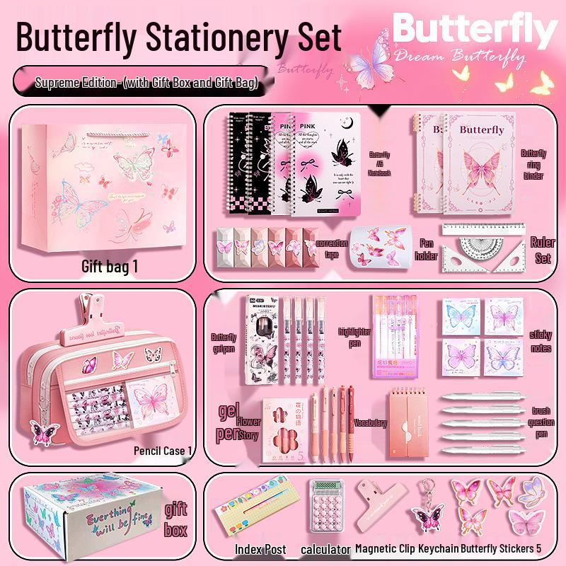 Pink Butterfly Stationery Gift Box for Girls, Back to School Supplies, Big Gift Pack for Tenth Birthday Party Favors