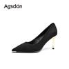 Augustine high heels new spring and summer French black suede thin heel pointed temperament light mouth single shoes
