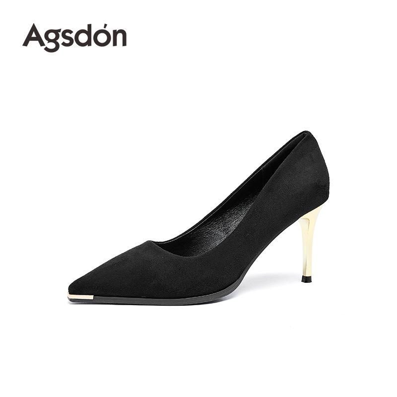 Augustine high heels new spring and summer French black suede thin heel pointed temperament light mouth single shoes