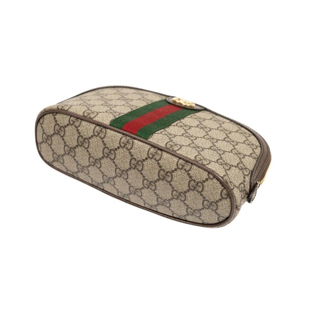 Gucci Ophidia altes Blumenlogo gestreiftes Gurtband Canvas-Aufnäher Leder Handtasche Kulturtasche Kosmetiktasche großes Damenmodell schwarzholz/braun