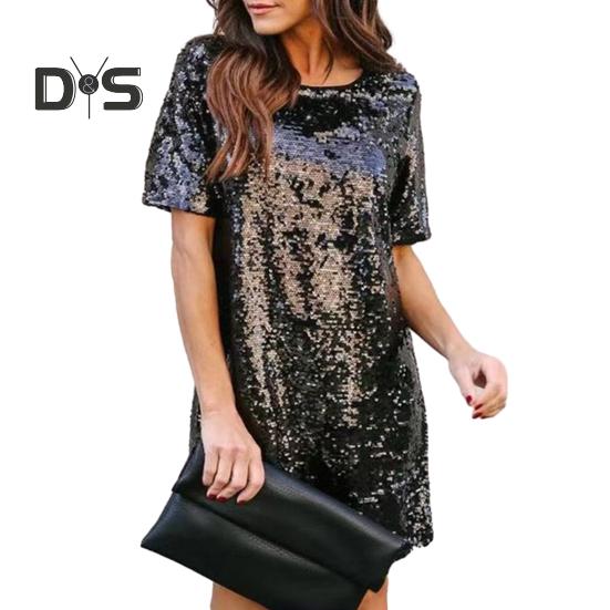 Women's Summer Sequin Midi Dress Casual Crew Neck Short Sleeve T-shirt Dress Sparkly Cocktail Party Dress