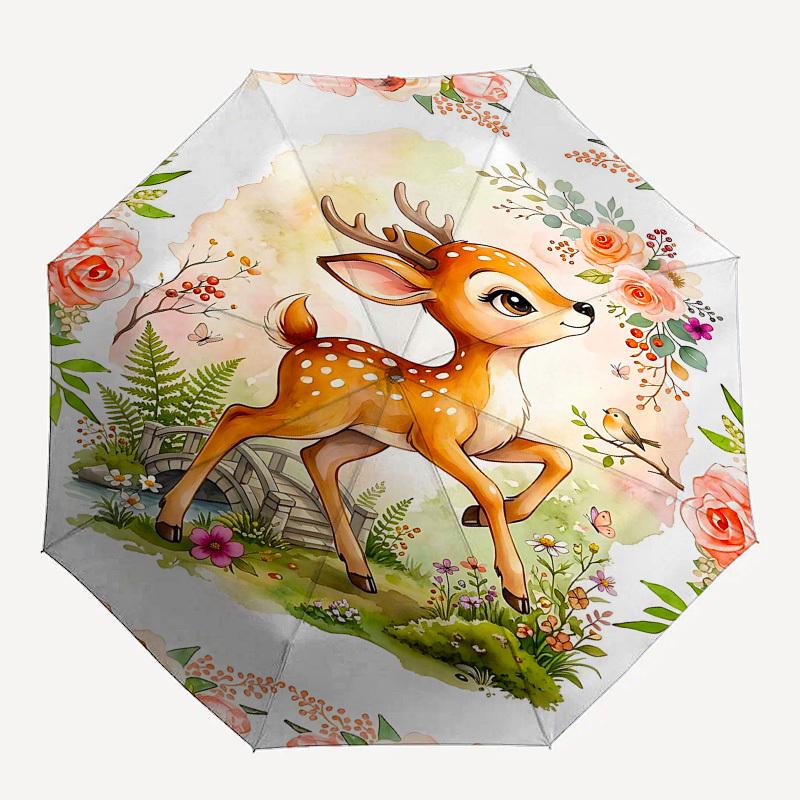 

1PC Deer Flowers Umbrella-8-Rib Reinforced, Automatic Open, Lightweight & Durable, Fashion Accessory for Outdoor, Beach L0396