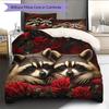 Raccoon and Fresh Flowers Pattern Bedding Home Decoration Birthday Gift (1 * Duvet Cover + 2 * Pillowcase, Without Core)