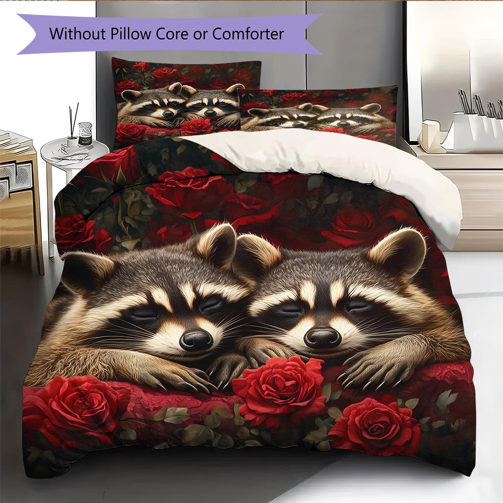 Raccoon and Fresh Flowers Pattern Bedding Home Decoration Birthday Gift (1 * Duvet Cover + 2 * Pillowcase, Without Core)