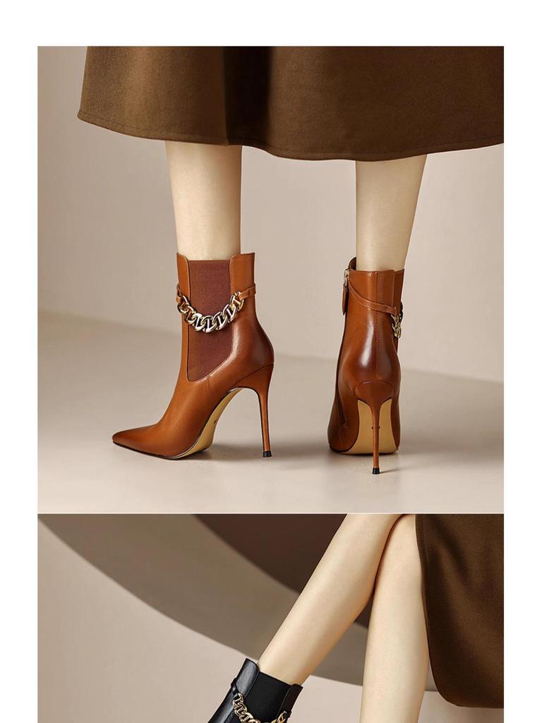 2025 Trendy Women's Genuine Leather Stiletto Ankle Boots with Velvet Lining