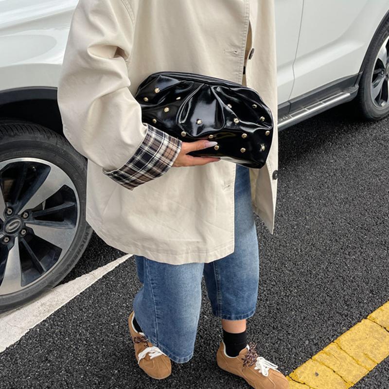 Yogodlns Simple Versatile Clip Evening Handbags for Women Solid Color Rivet Pleated Design Ladies Clutch Female Soft Pu Leather Purse