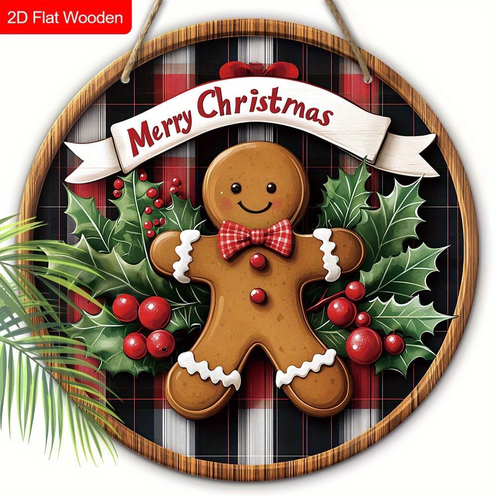 2D flaches Weihnachts-Willkommensschild Wanddekoration - 1 Stück runde hölzerne dekorative Plakette, Lebkuchenmann und Design mit roten Beeren und grünen Blättern