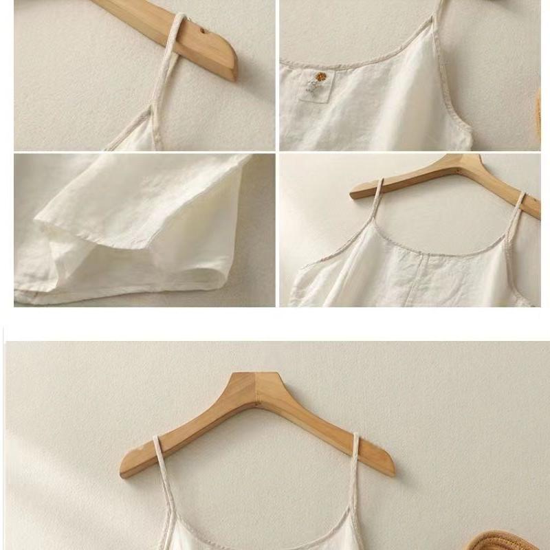 Vintage Embroidered Linen Camisole Women Summer Loose Casual Simple Sleeveless Top