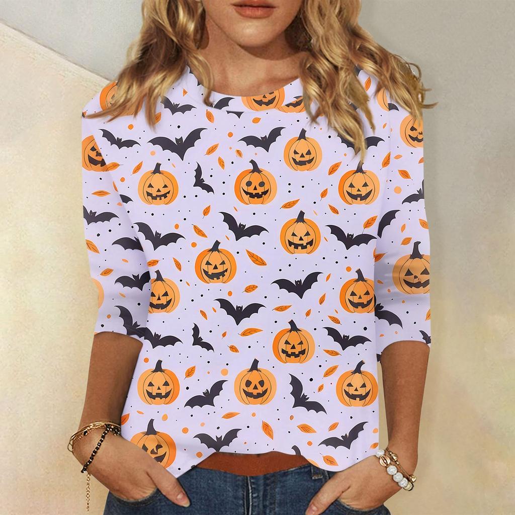 Women's Fashionable Casual Three Quarter Sleeve Halloween Printed Collar Pullover Top
