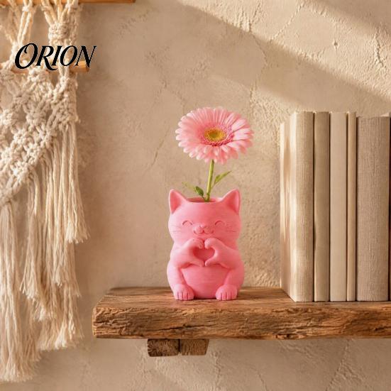 Unique Home Aesthetic Accents 3D Printed Cat Vase, Cute Smiling with Heart?Hand Gesture Flower Holder, Whimsical Studio Display Props Animal Shaped