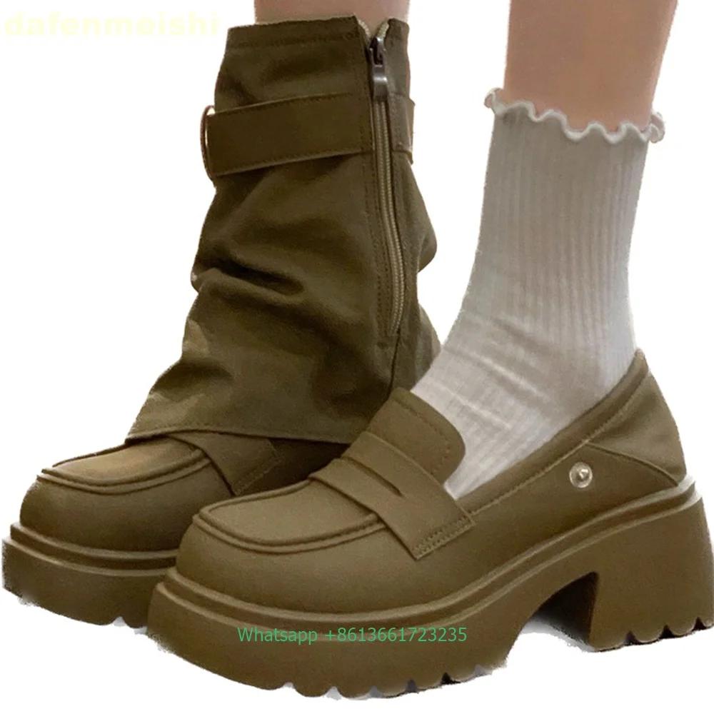 Fashion 2025 Spring Autumn Trouser Boots Detachable Women's Novelty Pull-On Mid-Calf Boots Platform Chunky Khaki Leather Boots Loafers