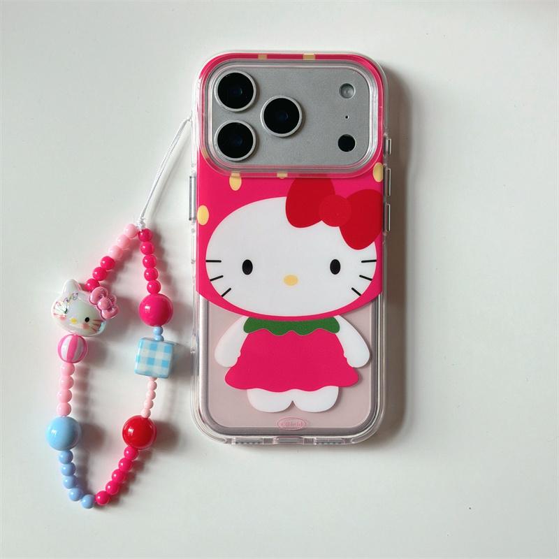 Kawaii Red Bow Cat Case For iPhone 17 16 15 14 Pro Max with Strawberry Outfit, Beaded Strap and Airbag Bumper Shockproof Cover