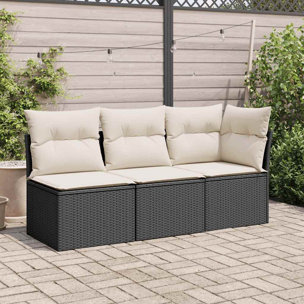 Vidaxl Garden Sofa With Cushions, 3-Seater, Black, Poly Rattan