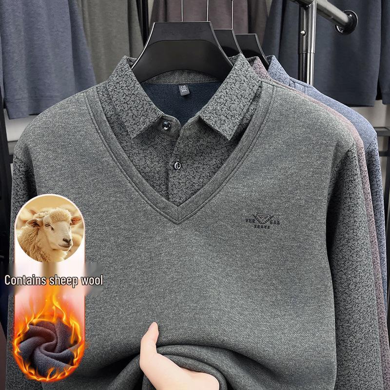 Herren Herbst/Winter Verdickter Samt Wolle Revers Zweiteiliger Lagenpullover für Mittleres und Älteres Alter