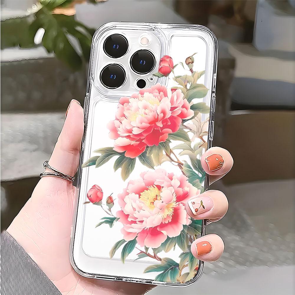 Pink Peony Flowers lucency Phone Case for IPhone 14 15 16 13 12 11 17 Pro Max 12 13 Mini Soft Cover