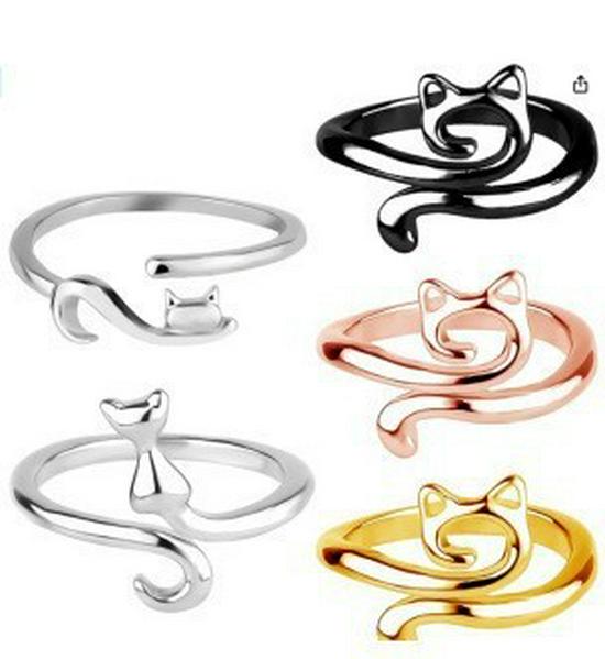 Anello Gatto Geometrico Europeo & Americano, Design Aperto Regolabile, Ornamento Animale Lavorato a Maglia per Dita.