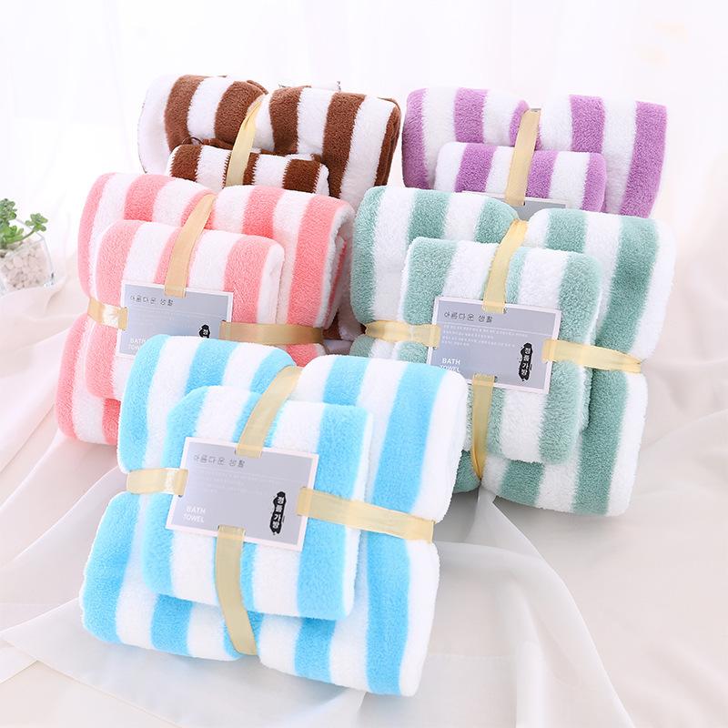 Ensemble de serviettes de bain épaissies pour mère et enfant serviette absorbante serviette de bain pour adulte rayure large cationique haute densité polaire corail