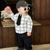 Spring Baby Out Year-Old Clothes New Baby Gentleman Bow Tie Plaid Shirt Children Handsome Tooling Jeans