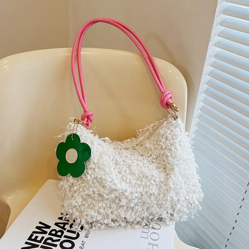 Chic Vintage Plush Handbag For Women Stylish Simple Shoulder Bag In Black White Pink